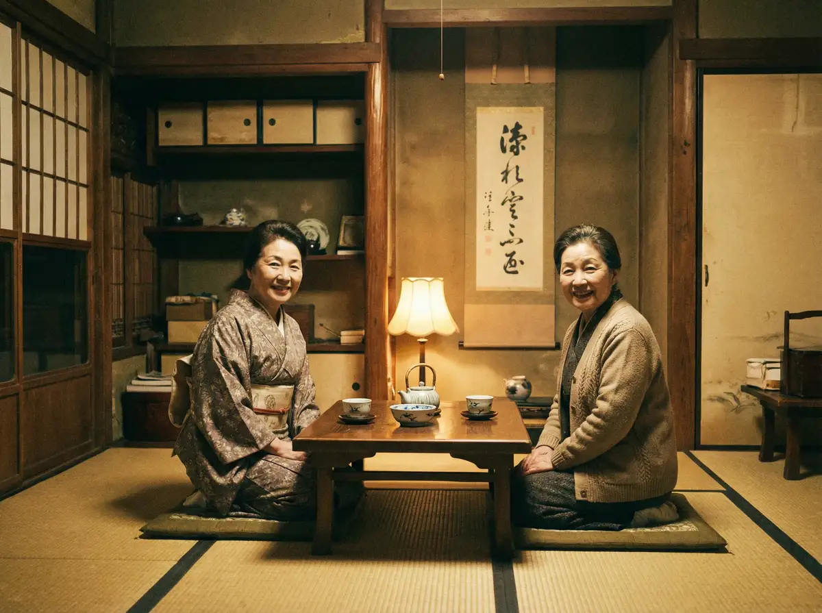 两位优雅的 51黑料 在日式茶室中品茶交谈
